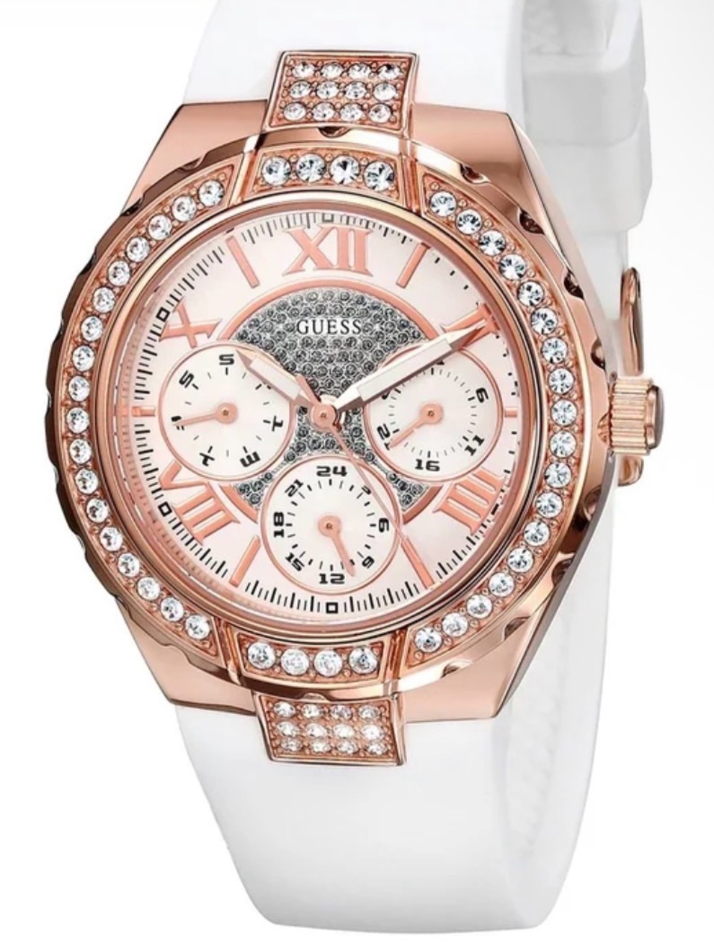 GUESS Rose Gold Crystal-Bezel Watch with White Silicone Strap